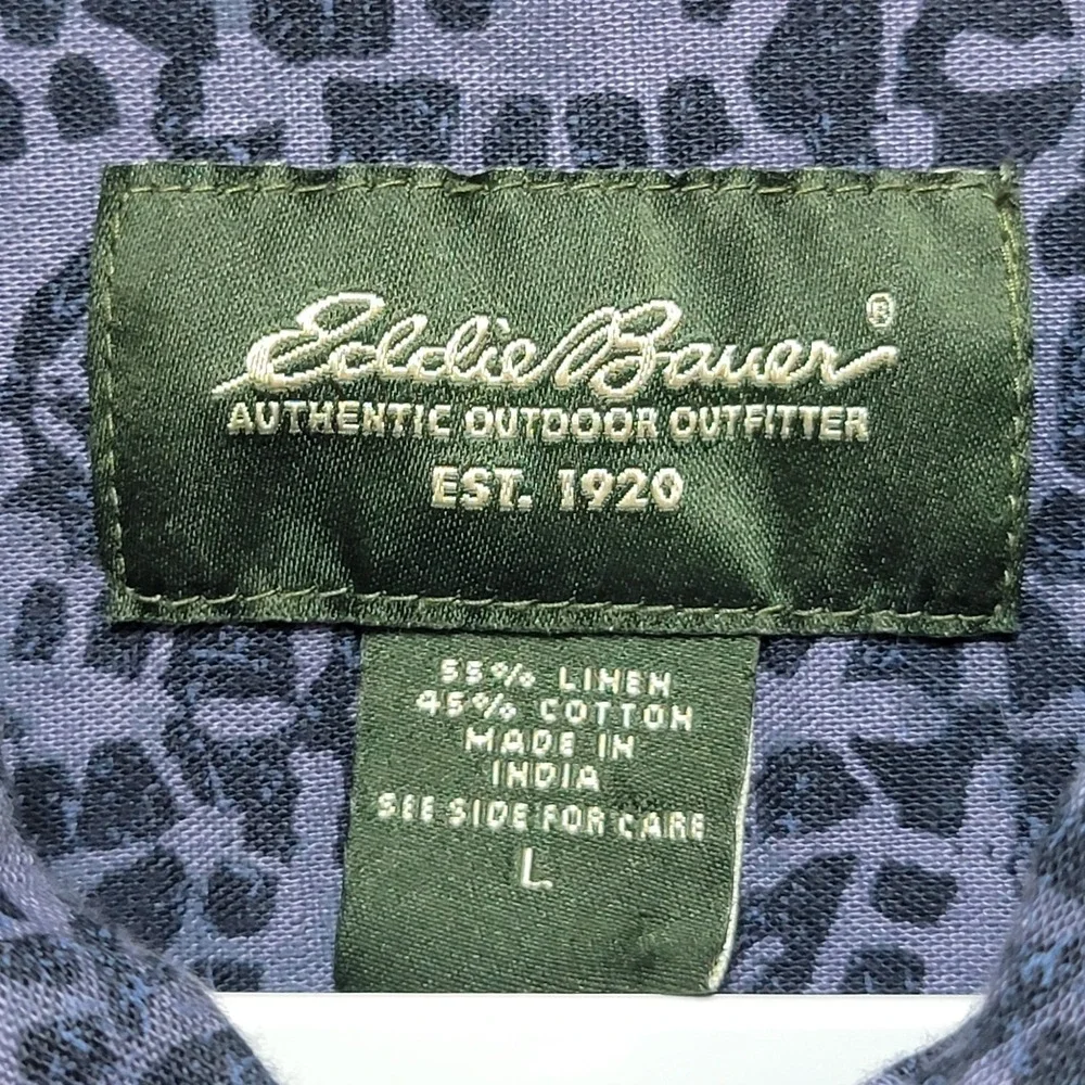 Eddie Bauer Shirt Mens L Hawaiian Vacation Linen Blend Blue Aztec Pocket‎ Office
